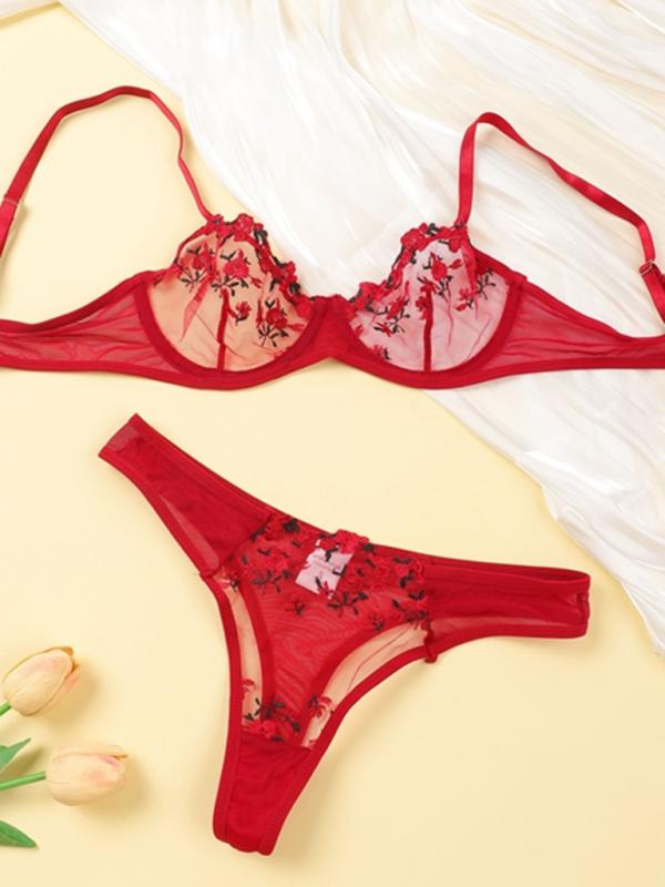 Women’s see-through floral bra and thong lingerie set – sheer and romantic