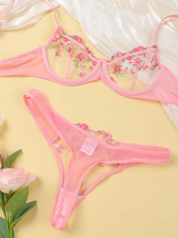 Women’s see-through floral bra and thong lingerie set – sheer and romantic