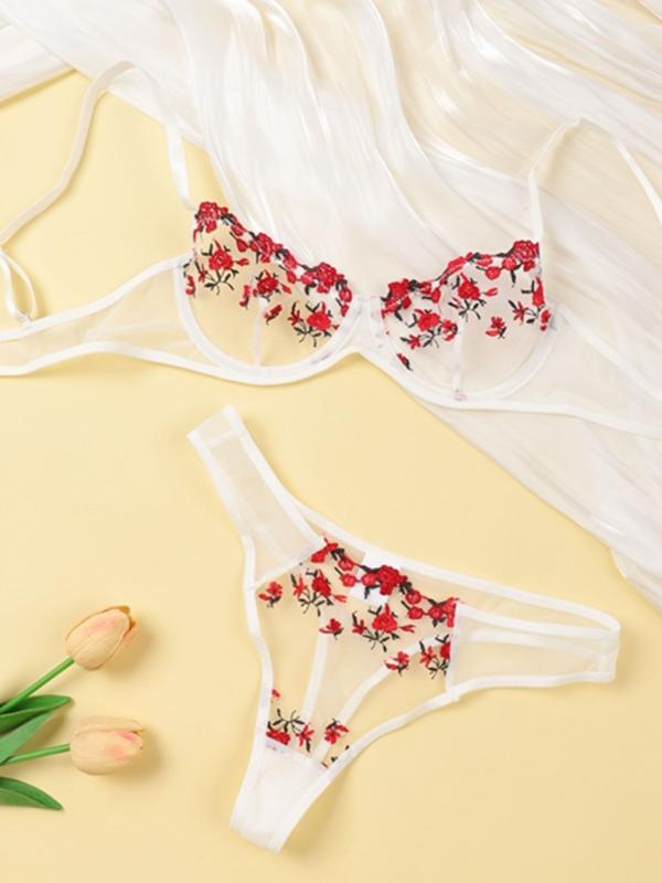 Women’s see-through floral bra and thong lingerie set – sheer and romantic