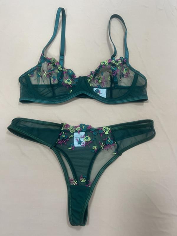Women’s see-through floral bra and thong lingerie set – sheer and romantic