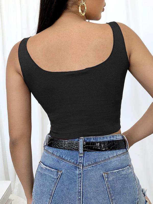 Women's Square Neck Button Front Knit Crop Tank Top