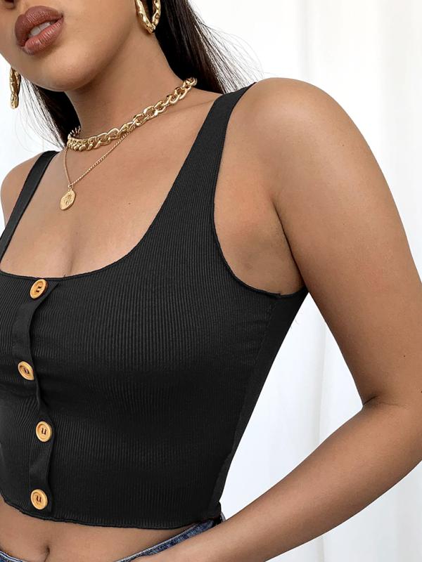 Women's Square Neck Button Front Knit Crop Tank Top