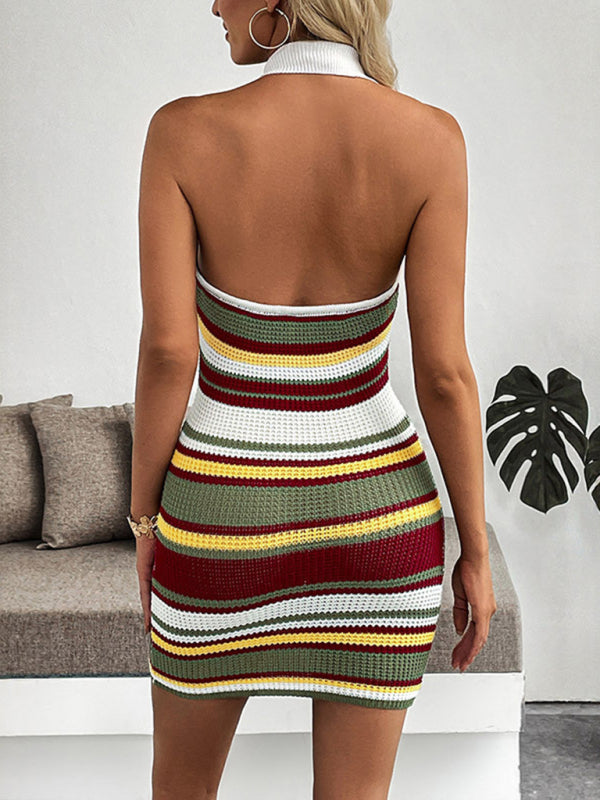 Women’s Striped Halter Neck Open Back Slim Fit Knit Dress