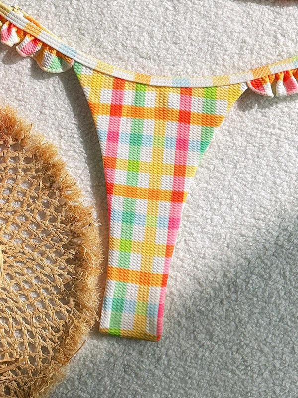 Women’s Stylish Pastel Checked Thong Bikini