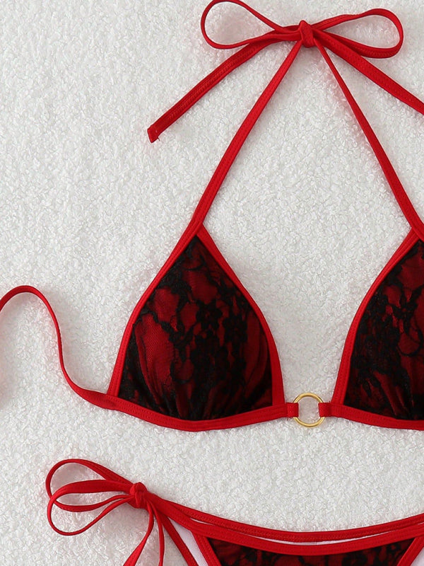 Women’s Sultry Black & Red Bold Lace Halter Bikini