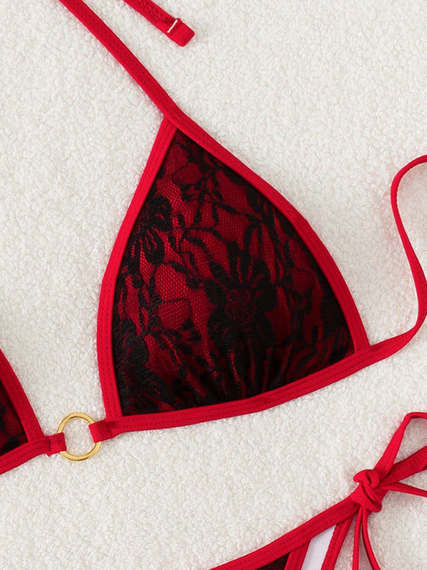 Women’s Sultry Black & Red Bold Lace Halter Bikini