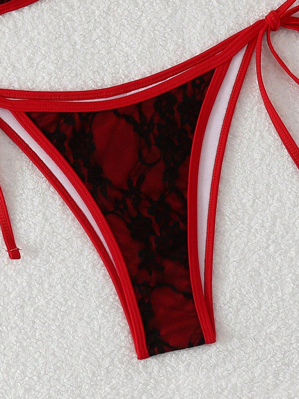 Women’s Sultry Black & Red Bold Lace Halter Bikini