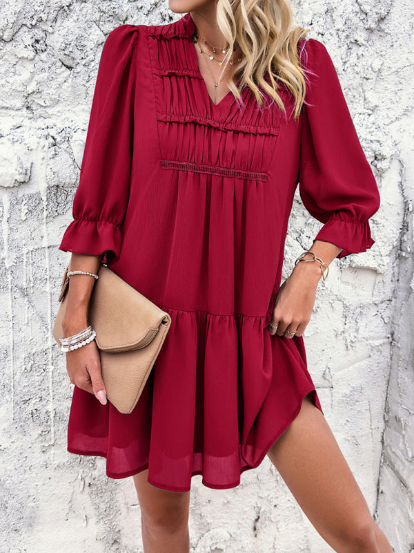 Women's V-Neck Mid Sleeve Flowy Above The Knee Dress