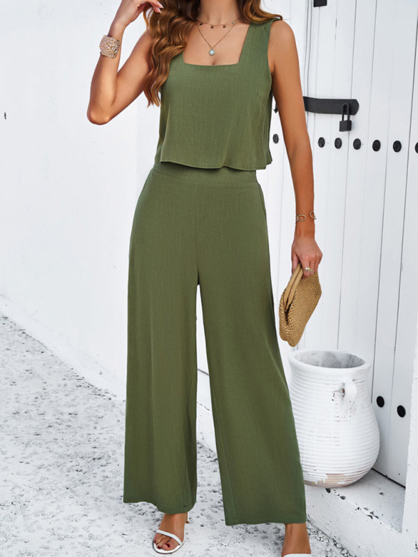 Women's Square Neck Sleeveless Top And Matching Wide Leg Trousers