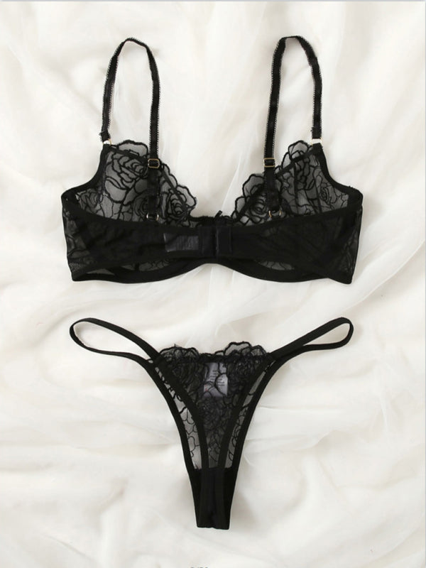 Women's Sexy Hollow Lace Bra and Thong Lingerie Set