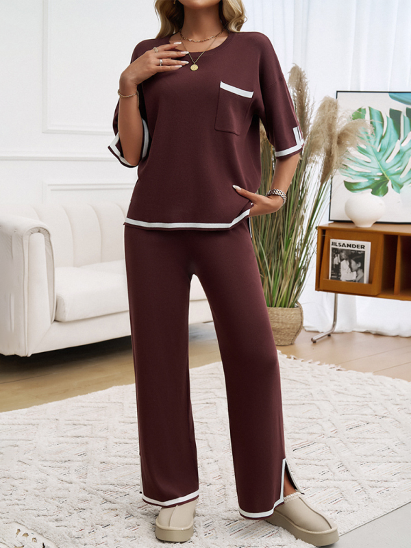 Women's Colour Contrast Short Sleeve Loungewear Set