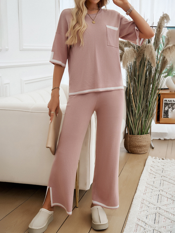 Women's Colour Contrast Short Sleeve Loungewear Set