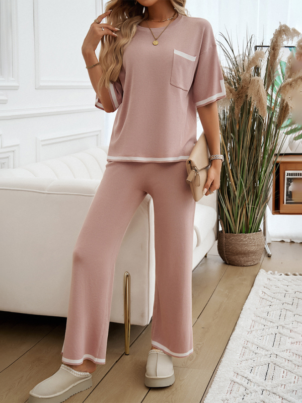 Women's Colour Contrast Short Sleeve Loungewear Set