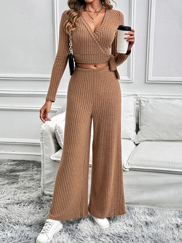 Women's Ribbed Loungewear Set With Cropped Crossover Top and Wide Leg Trousers