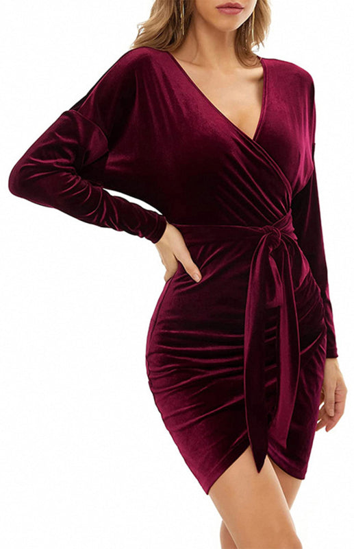 Women's Velvet V-Neck Long Sleeve Front Wrap Dress