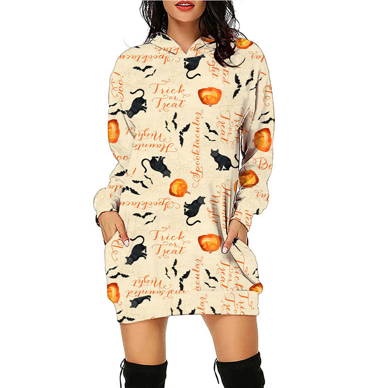 Women's Pumpkin Print Long Line Halloween Hoodie