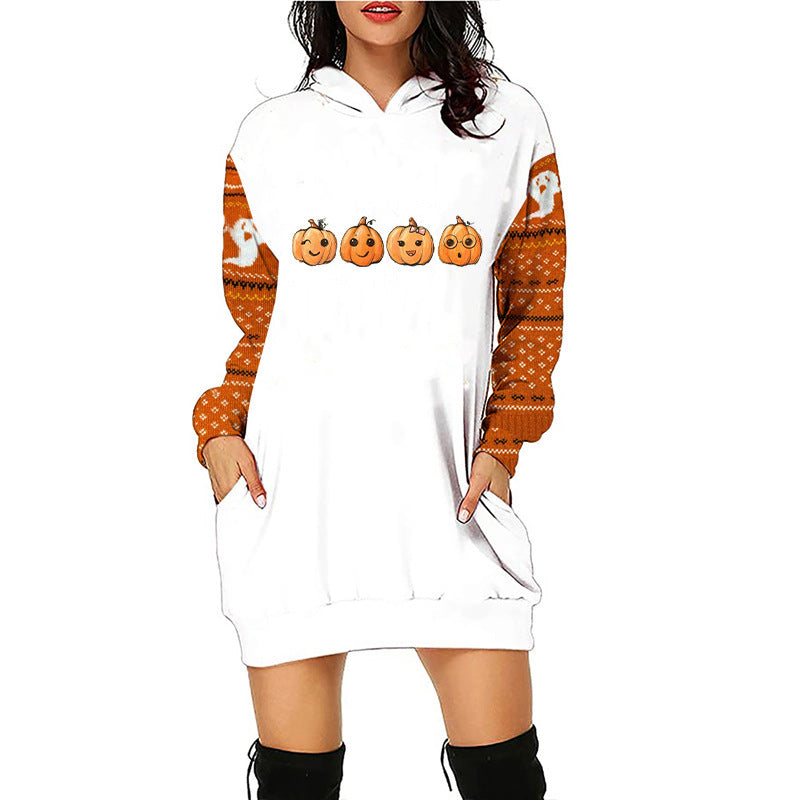 Women's Pumpkin Print Long Line Halloween Hoodie