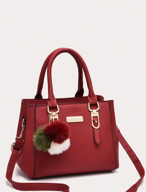 Women's Stylish PU Leather Tote Bag With Pom Pom Decoration