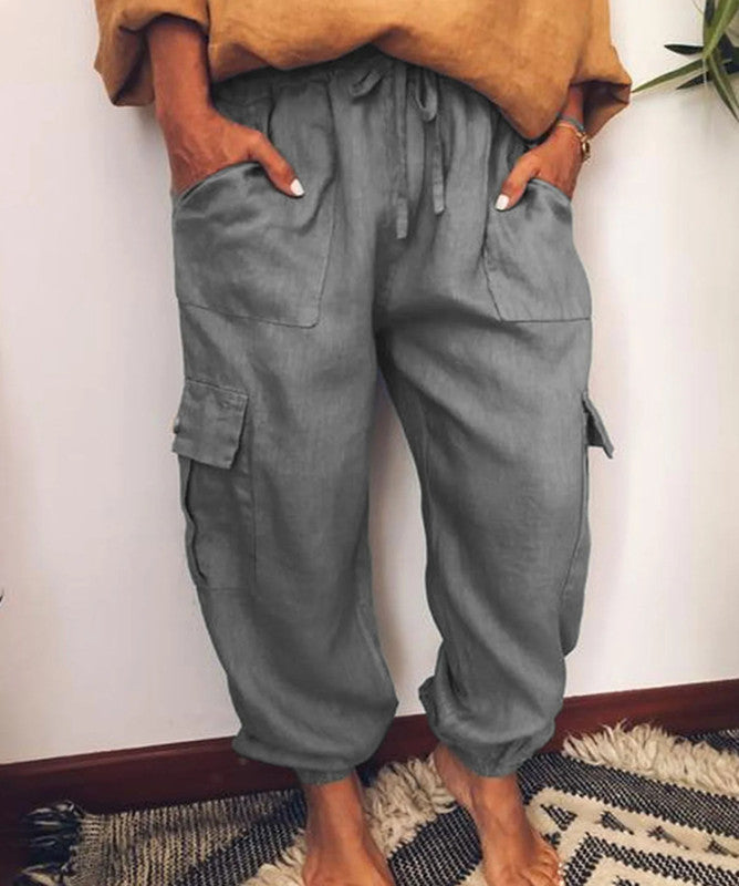 Women's Baggy Drawstring Trousers With Side Flap Pockets