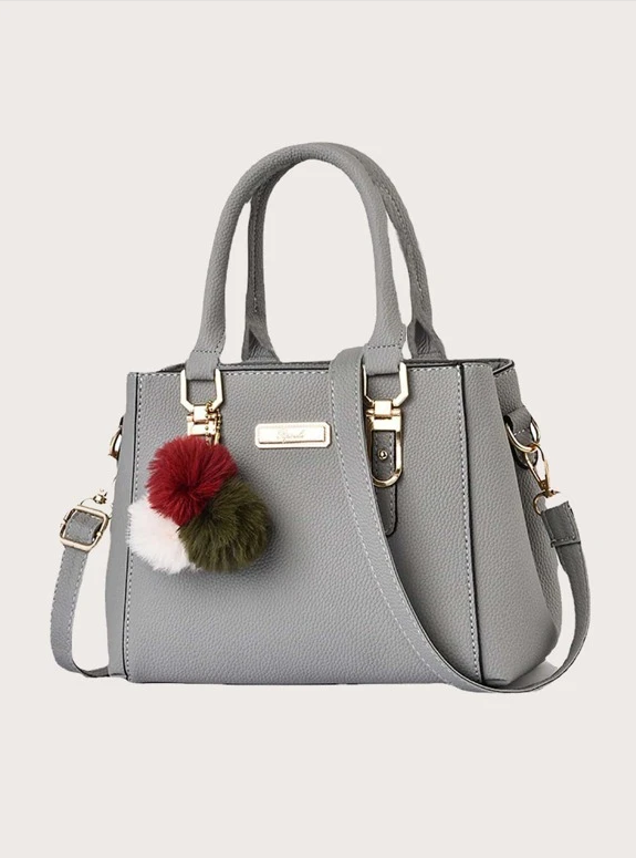 Women's Stylish PU Leather Tote Bag With Pom Pom Decoration