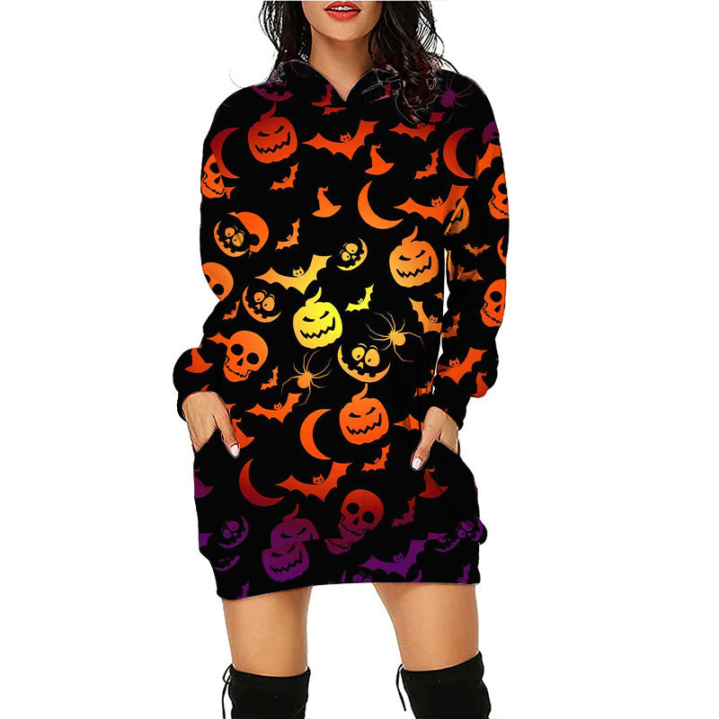 Women's Pumpkin Print Long Line Halloween Hoodie