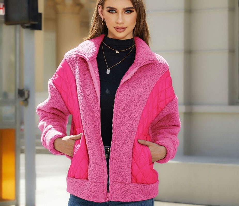 Women's Patchwork Sherpa Style Zip Up Jacket