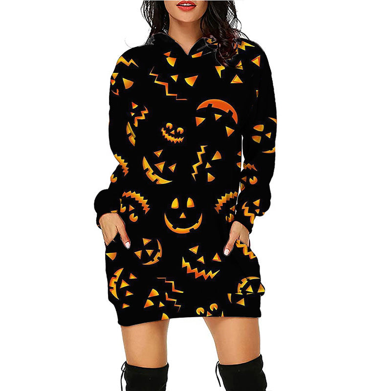 Women's Pumpkin Print Long Line Halloween Hoodie