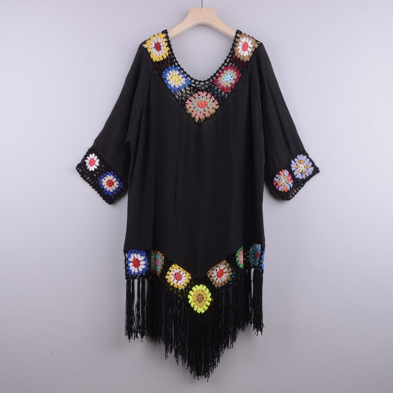 Women's Embroidered Three Quarter Sleeve Tassel Cover Up