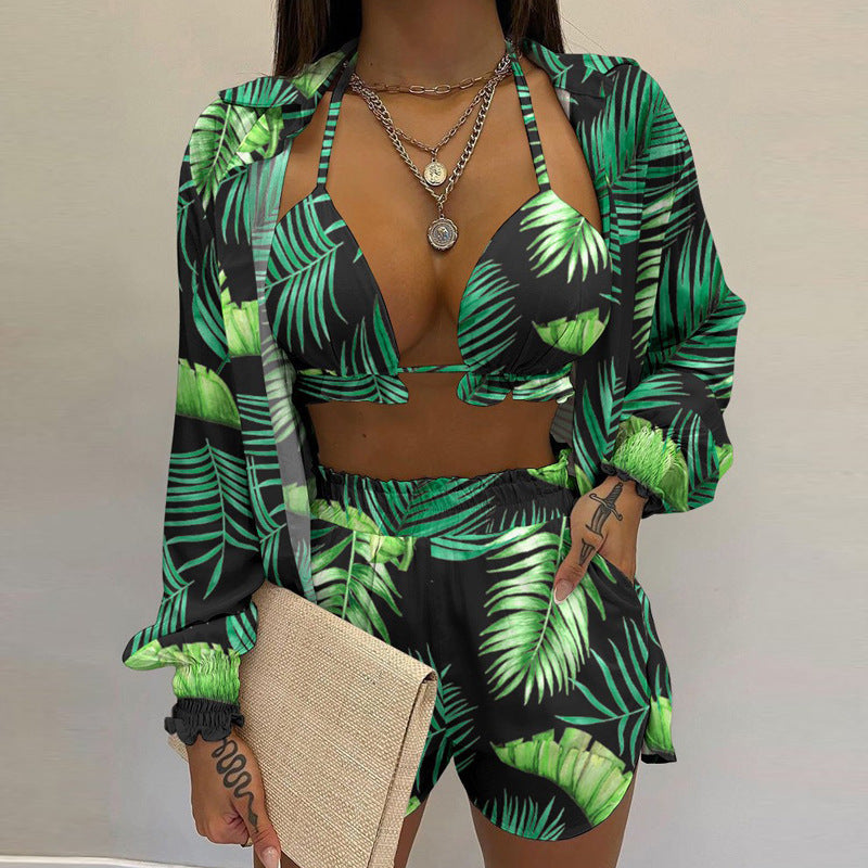 Women's Triangle Bikini Top With Matching Shorts And Blouse