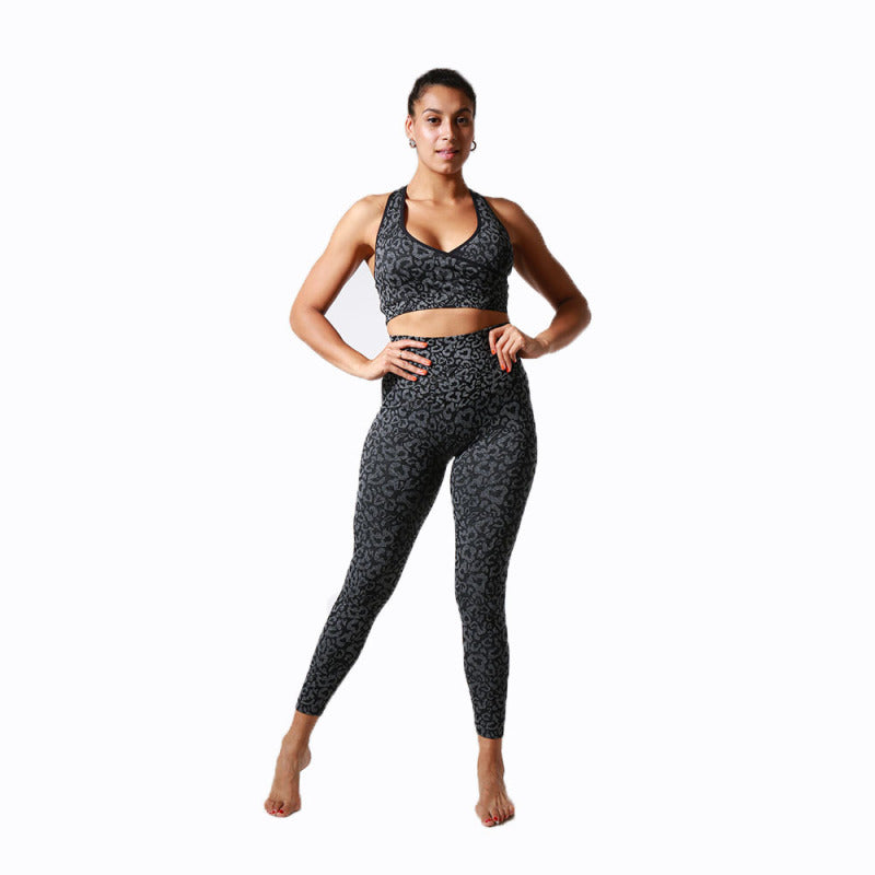 Women's Leopard Print Activewear Gym Set Including Crop Vest And Leggings