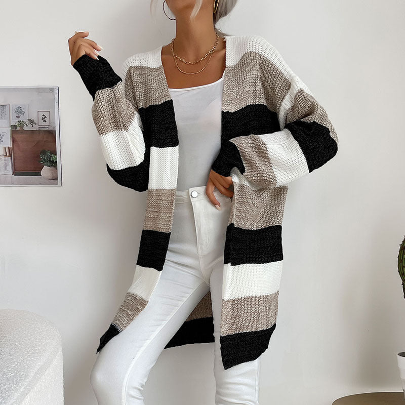 Women's Open Front Thick Stripe Longline Cardigan