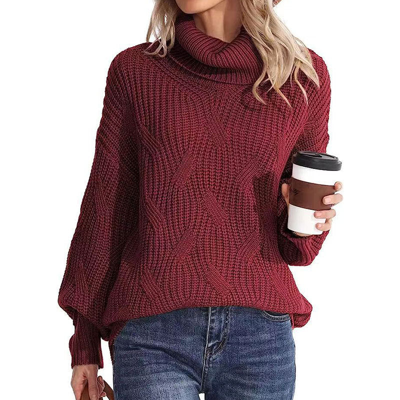 Women's Cable Knit Turtleneck Jumper With Cuffed Sleeves