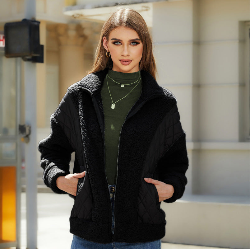 Women's Patchwork Sherpa Style Zip Up Jacket