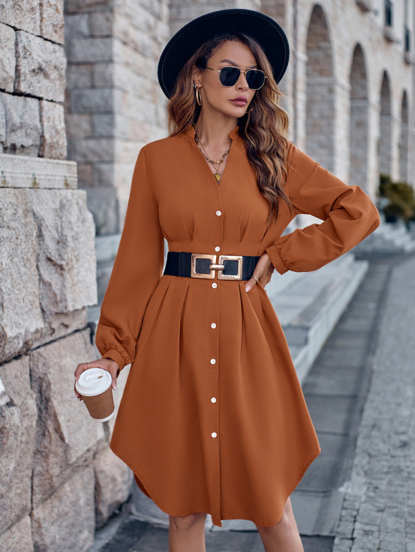 Women's V-Neck Button Front Fitted Waist Dress With Long Sleeves