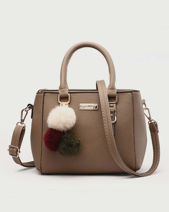 Women's Stylish PU Leather Tote Bag With Pom Pom Decoration