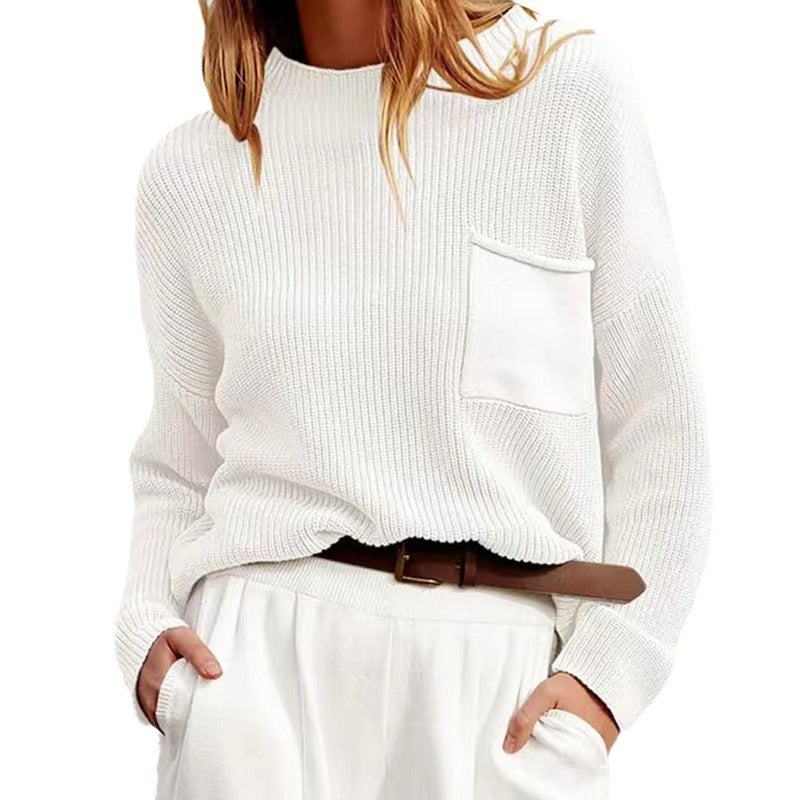 Women's Casual Round Neck Ribbed Jumper With Front Pocket Design