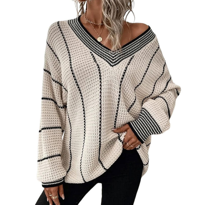 Women's V-Neck Vertical Stripe Loose Fit Knit Jumper