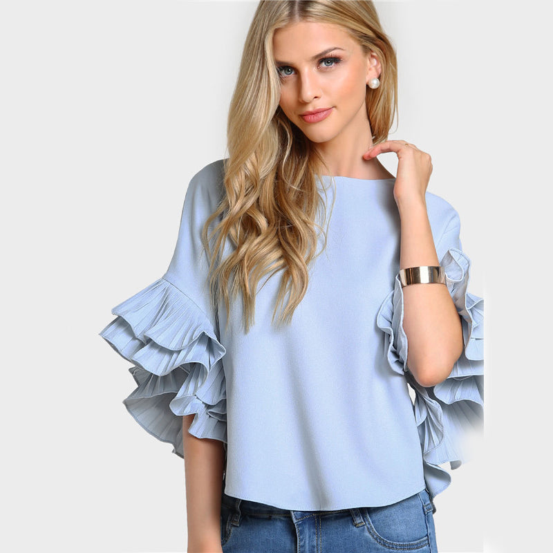 Women's Round Neck Double Layer Flared Sleeve Flowy Top