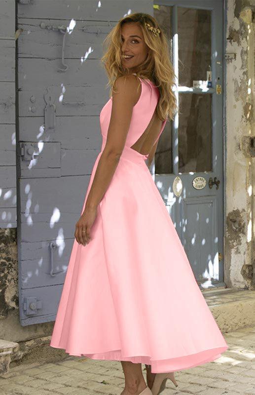 Women's Backless A-Line Long Length Elegant Satin Dress