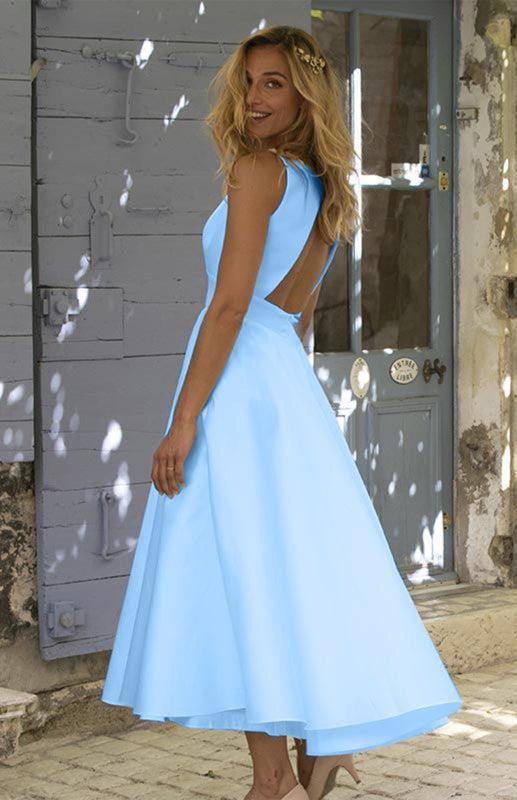 Women's Backless A-Line Long Length Elegant Satin Dress