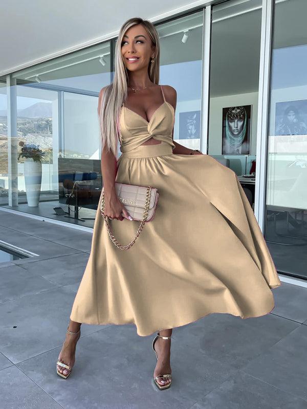 Women's Barbie Inspired Leg Split Flowy Midi Dress With Fitted Bodice