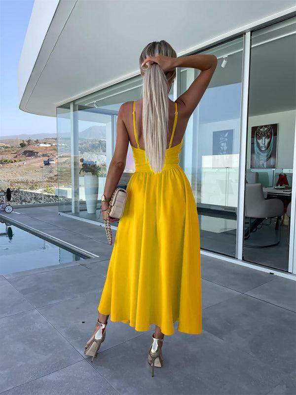 Women's Barbie Inspired Leg Split Flowy Midi Dress With Fitted Bodice