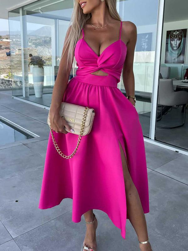 Women's Barbie Inspired Leg Split Flowy Midi Dress With Fitted Bodice