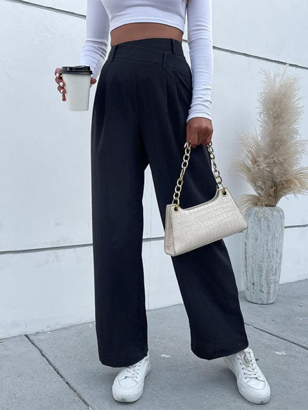 Women's Black High Waist Casual Wide Leg Trousers