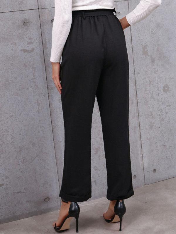 Women's Black Paper Bag Waist Turn Up Straight Leg Trousers With Belt