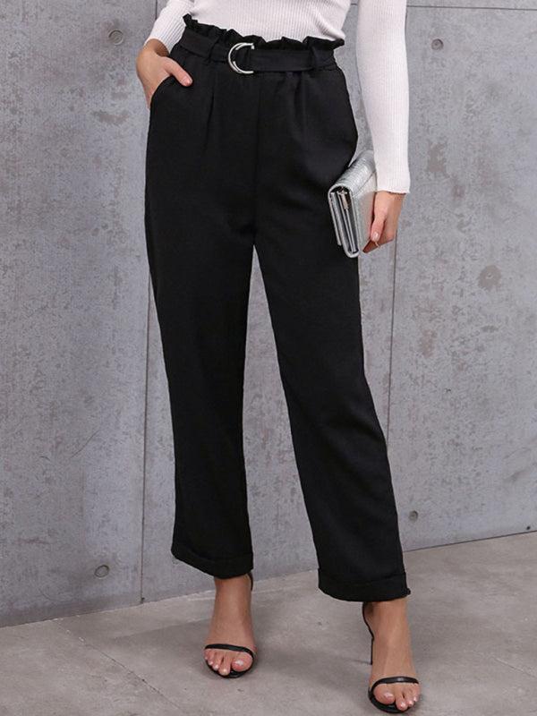 Women's Black Paper Bag Waist Turn Up Straight Leg Trousers With Belt