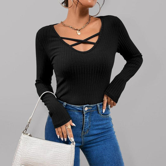 Women's Black Ribbed Long Sleeve Top With Front Crisscross Design