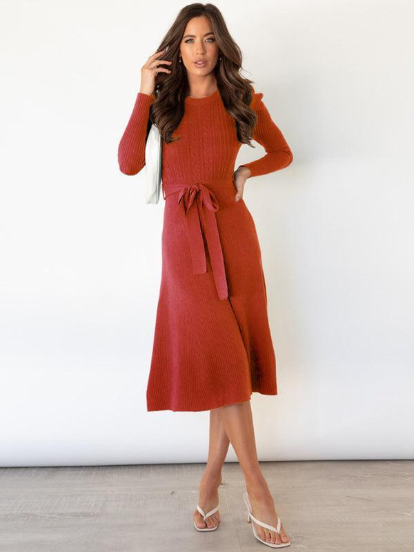 Women's Cable Knit A-Line Dress With Ruffle Sleeve Detail And Belt
