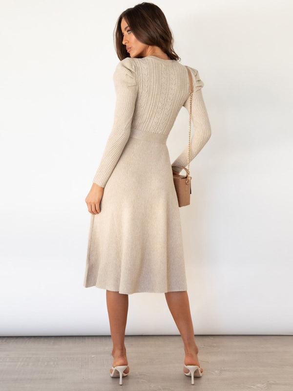 Women's Cable Knit A-Line Dress With Ruffle Sleeve Detail And Belt