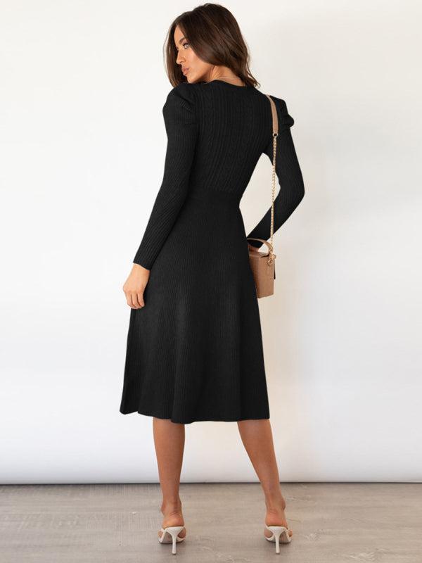 Women's Cable Knit A-Line Dress With Ruffle Sleeve Detail And Belt
